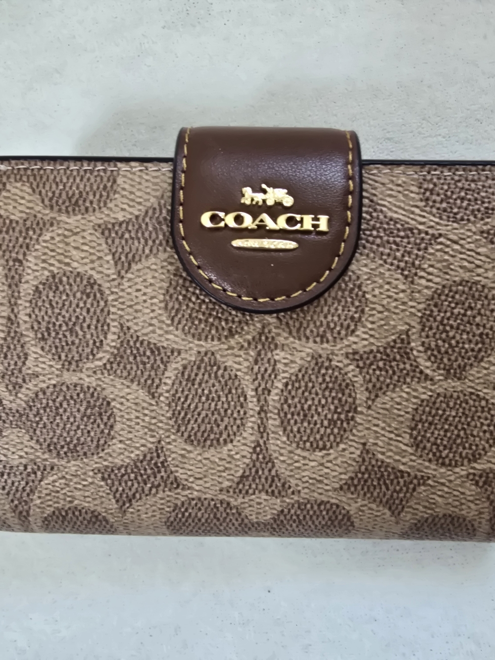 Coach Compact Trifold Wallet in Taupe and Dark Brown with Gold Hardware